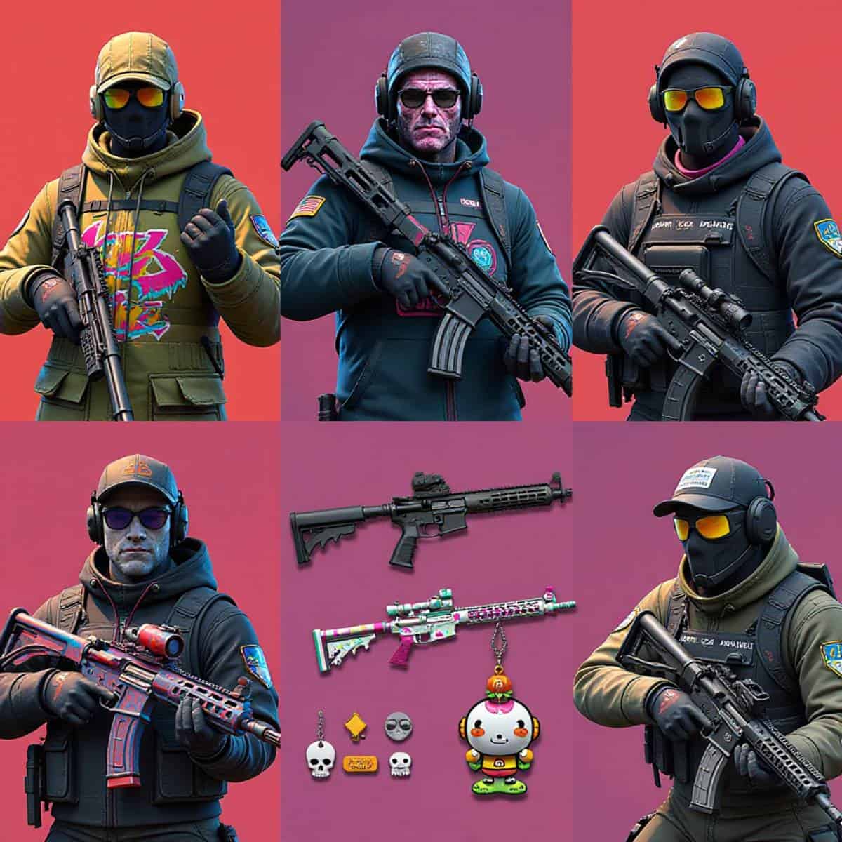 Popular Rainbow Six Siege skins including elite operator outfits, weapon skins, and unique charms available in the R6 Market