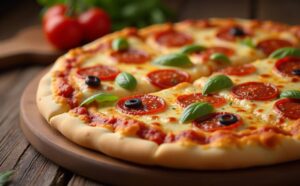 Close-up of a freshly baked Costco pizza with melted cheese, pepperoni, and colorful toppings