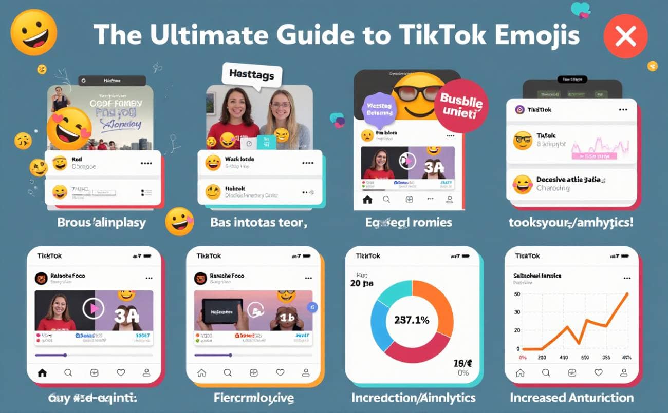 A visual guide showing how to use emojis effectively in TikTok captions and hashtags to boost engagement and visibility.