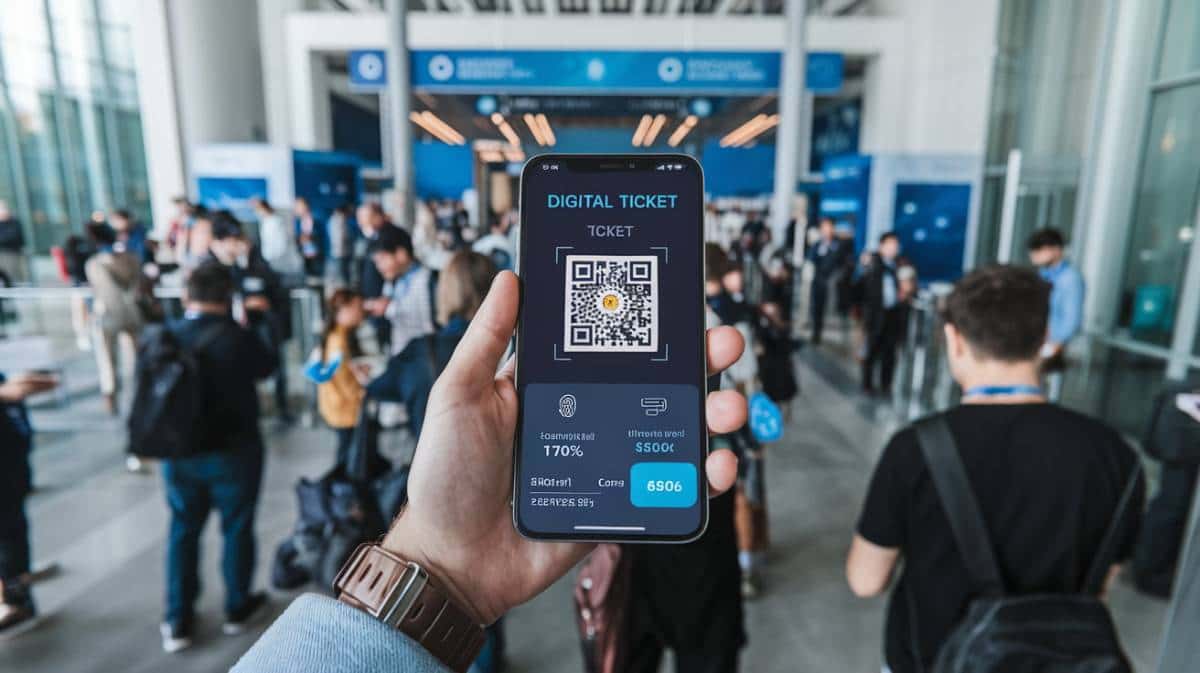 Person holding a mobile phone displaying a digital event ticket with QR code and biometric icons at a busy conference entrance.