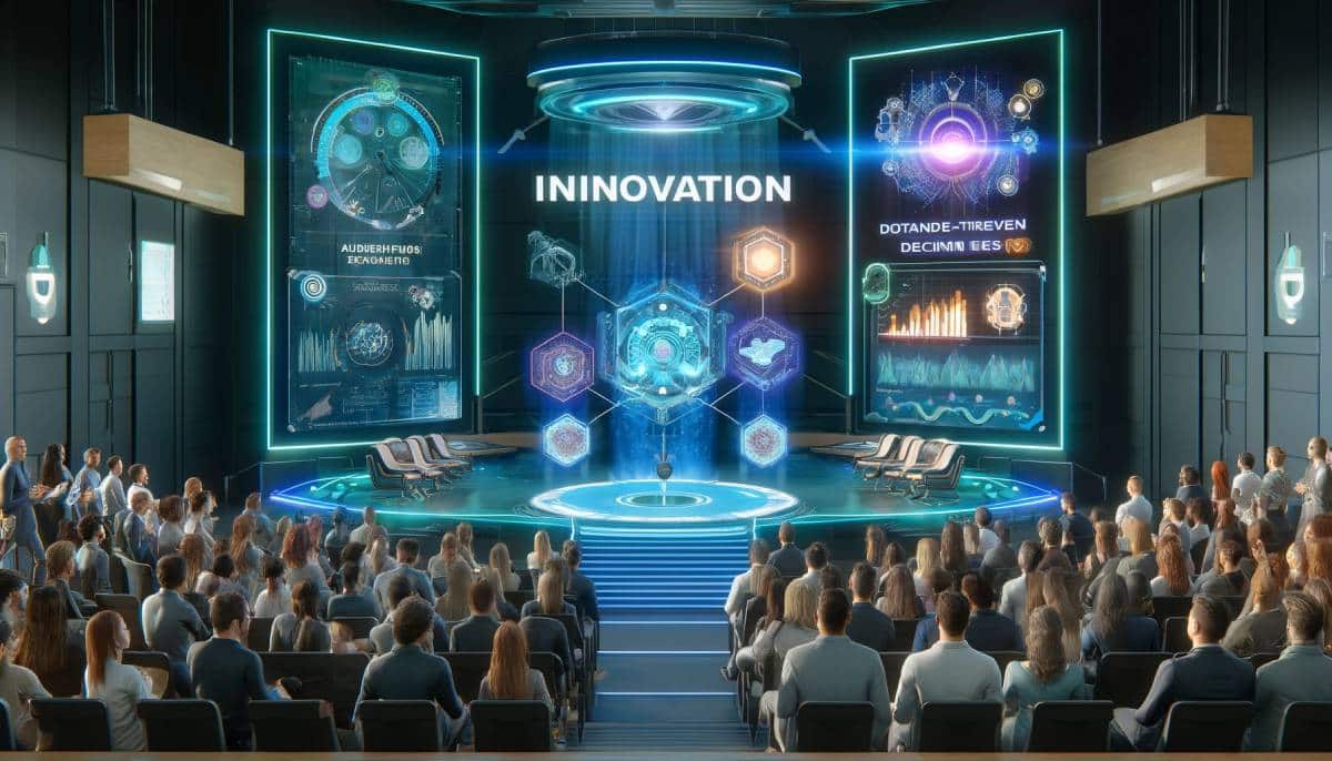 A futuristic marketing seminar showcasing innovation with holographic displays, data-driven decisions through interactive graphs, and an audience-first approach with marketers engaging with a diverse crowd.