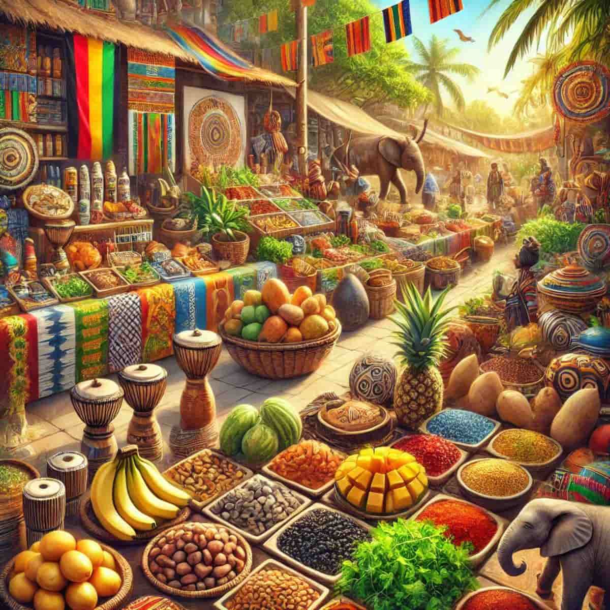 Vibrant African market featuring fresh produce, spices, handcrafted goods, African art, jewelry, and musical instruments