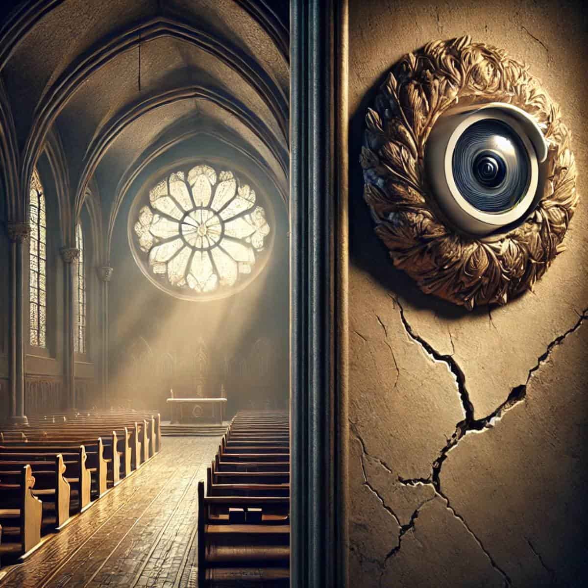  Hidden camera in a peaceful church interior, symbolizing privacy invasion.