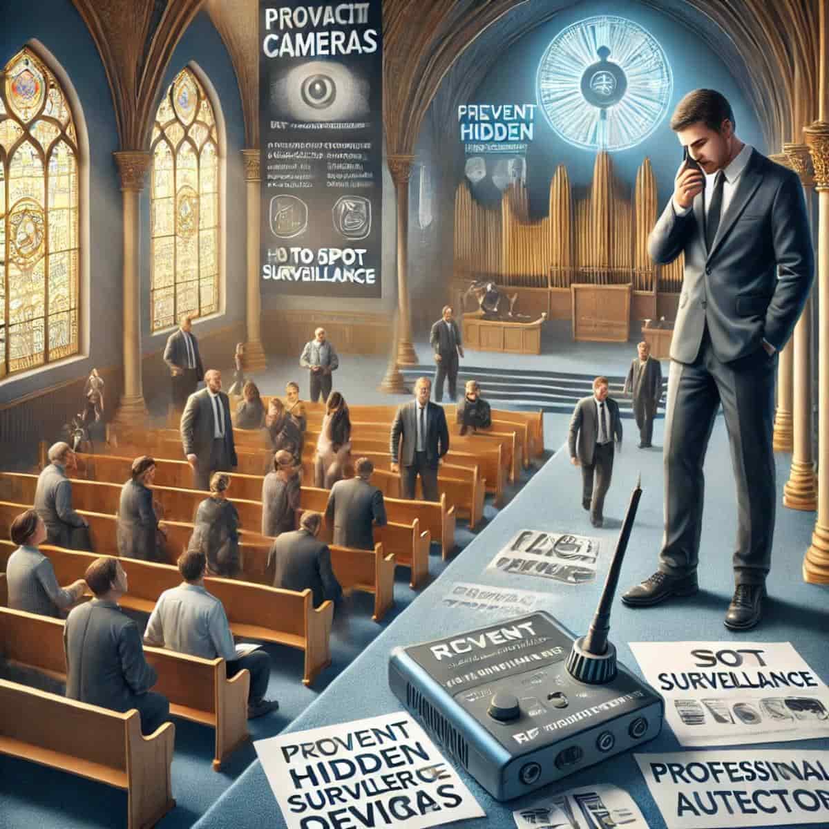 Security professional inspecting a church with an RF detector while educating members about hidden cameras.