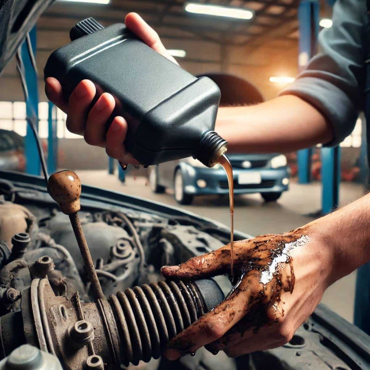 Mechanic inspecting car’s power steering system with dark fluid.