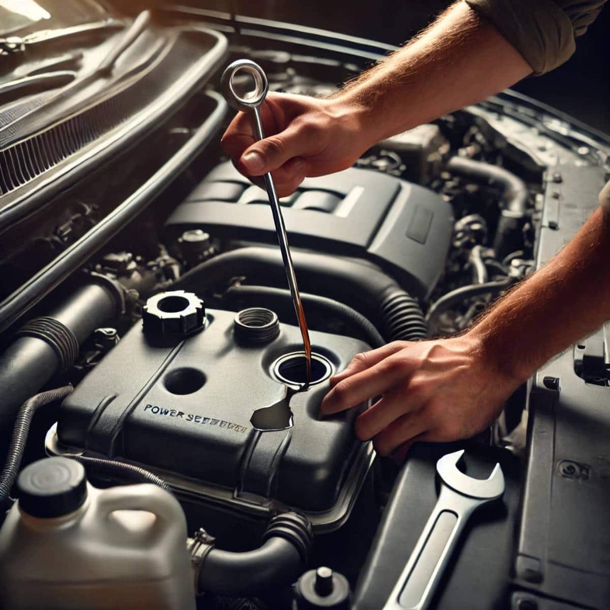  Mechanic checking power steering fluid level in a car engine.