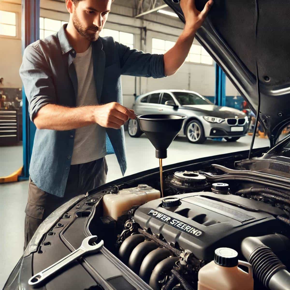  Mechanic adding power steering fluid to the vehicle’s reservoir.