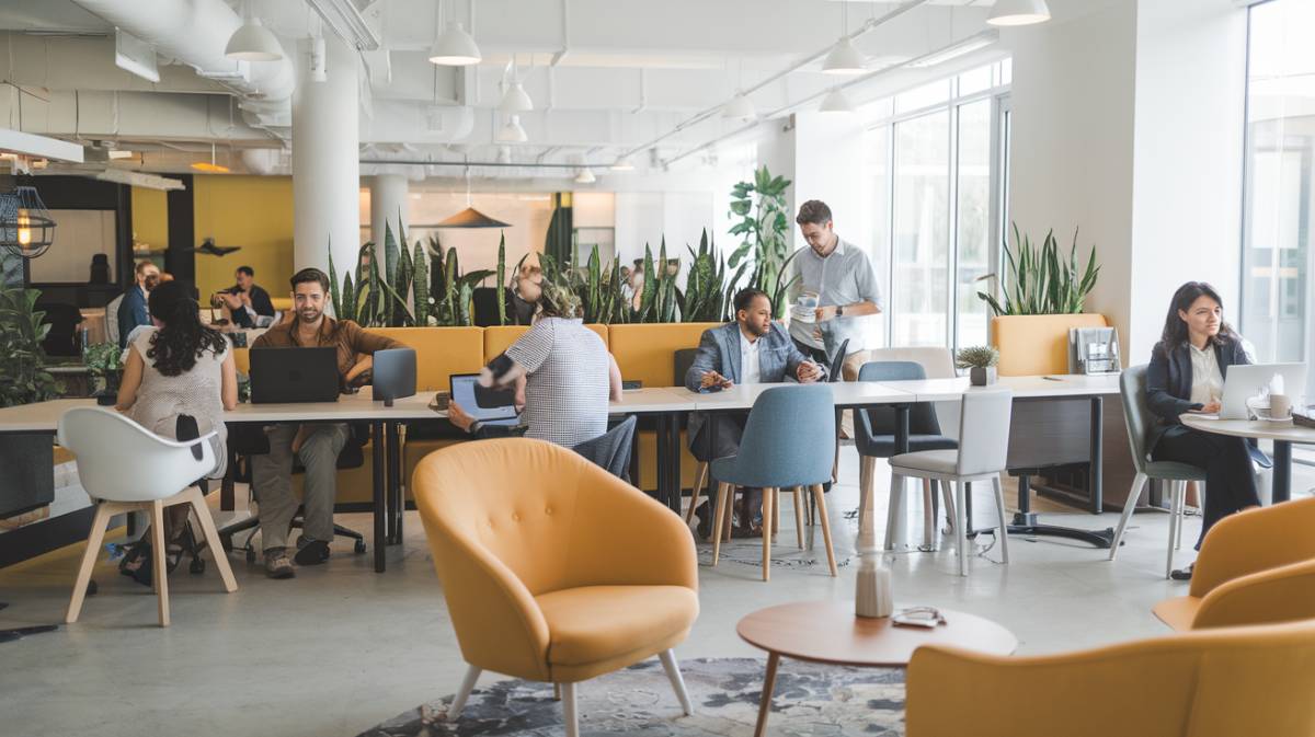 A vibrant co-working space with shared desks, stylish decor, and professionals working collaboratively.