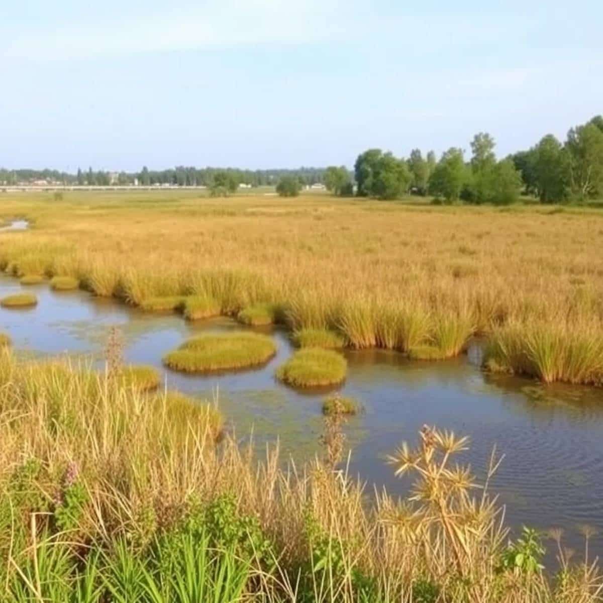 Scenic view of a natural buffer zone with lush vegetation along a riverbank, illustrating the importance of environmental protection