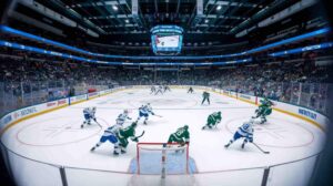 Exciting action in a professional hockey game with players on the ice