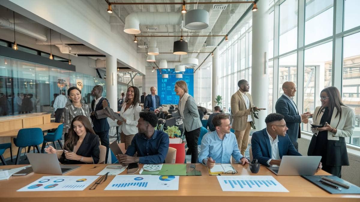 An entrepreneurial workspace where an aspiring entrepreneur receives mentorship, a group participates in a tailored workshop, and networking takes place with industry leaders and investors.