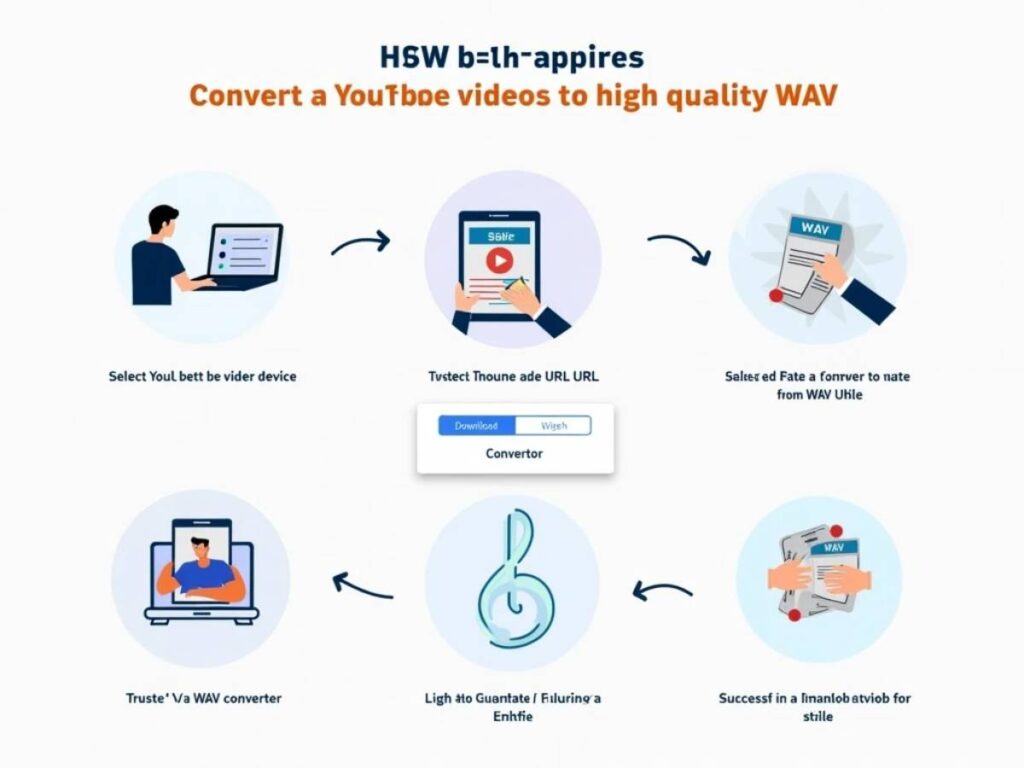 "Step-by-step illustration showing the process of converting YouTube videos to WAV files with high-quality audio output."