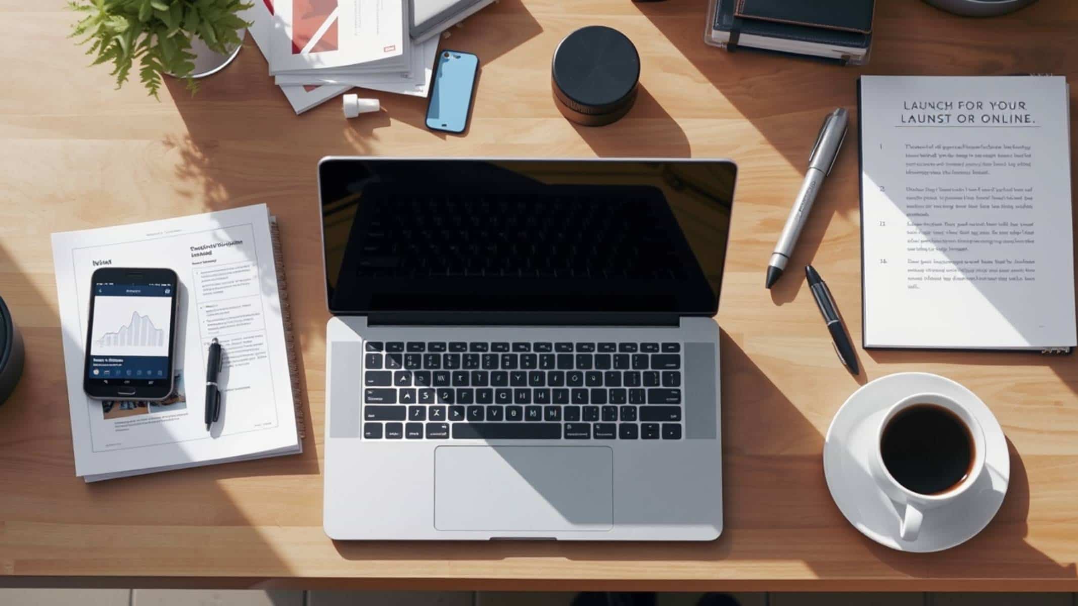 Entrepreneur planning the launch of an East online business on a laptop with notes and a tablet displaying a website layout.