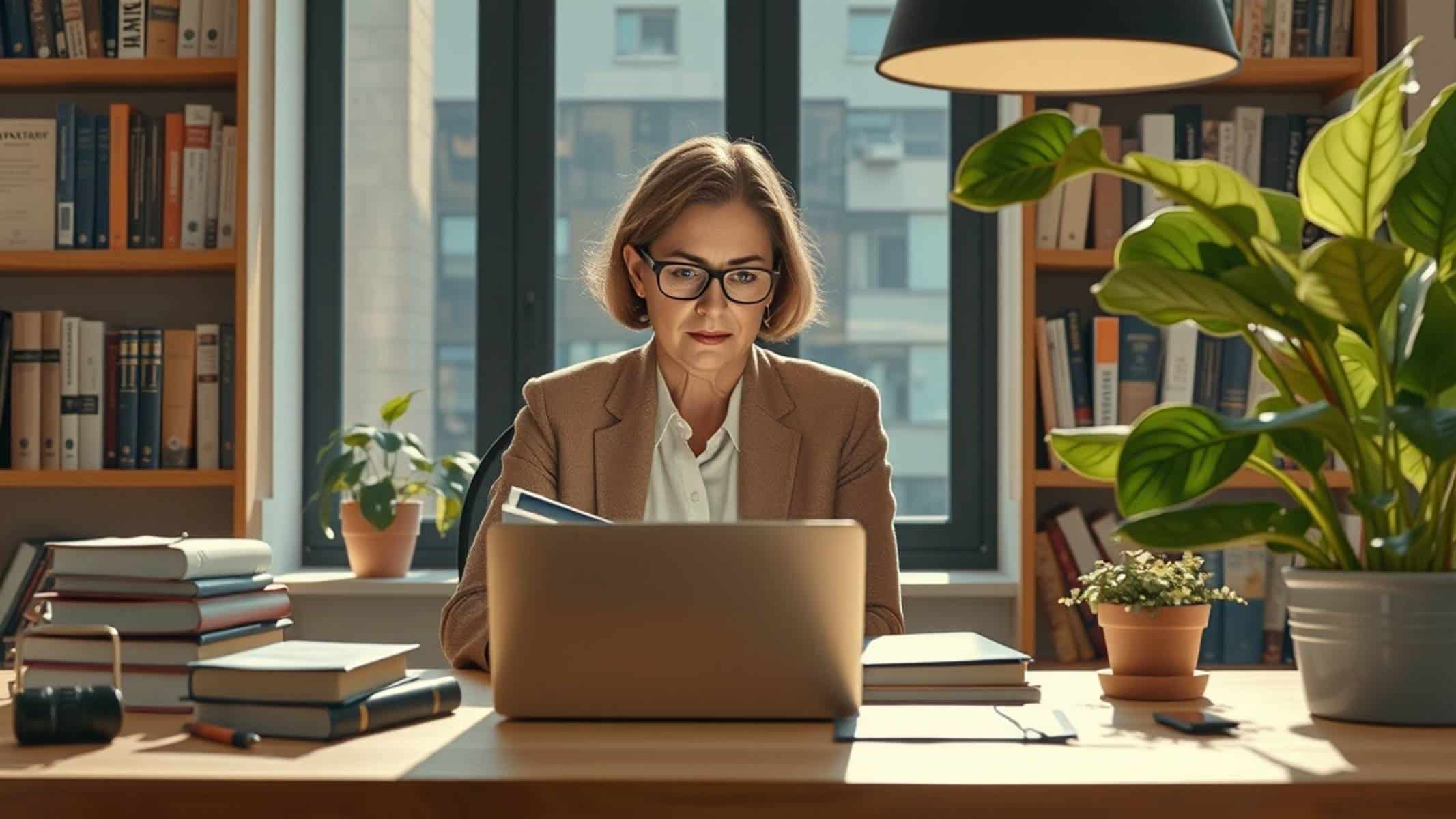 A person reviewing online notary laws on a tablet, with a law book and gavel nearby, in a well-organized workspace. The tablet displays legal guidelines for online notarization.