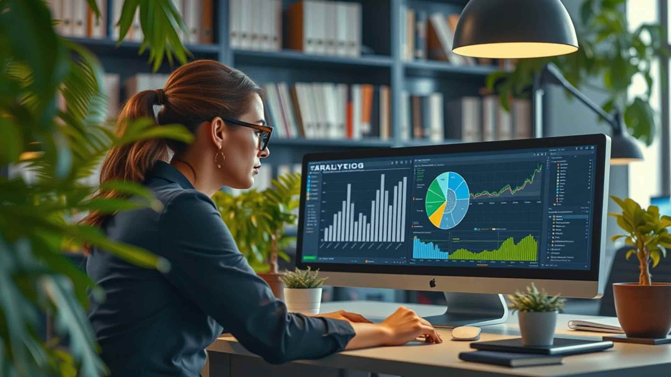 A person working on Search Engine Optimization (SEO) strategies at their desk, with a laptop displaying a website analytics dashboard. The screen shows graphs and keyword rankings, indicating SEO efforts to improve website visibility. 