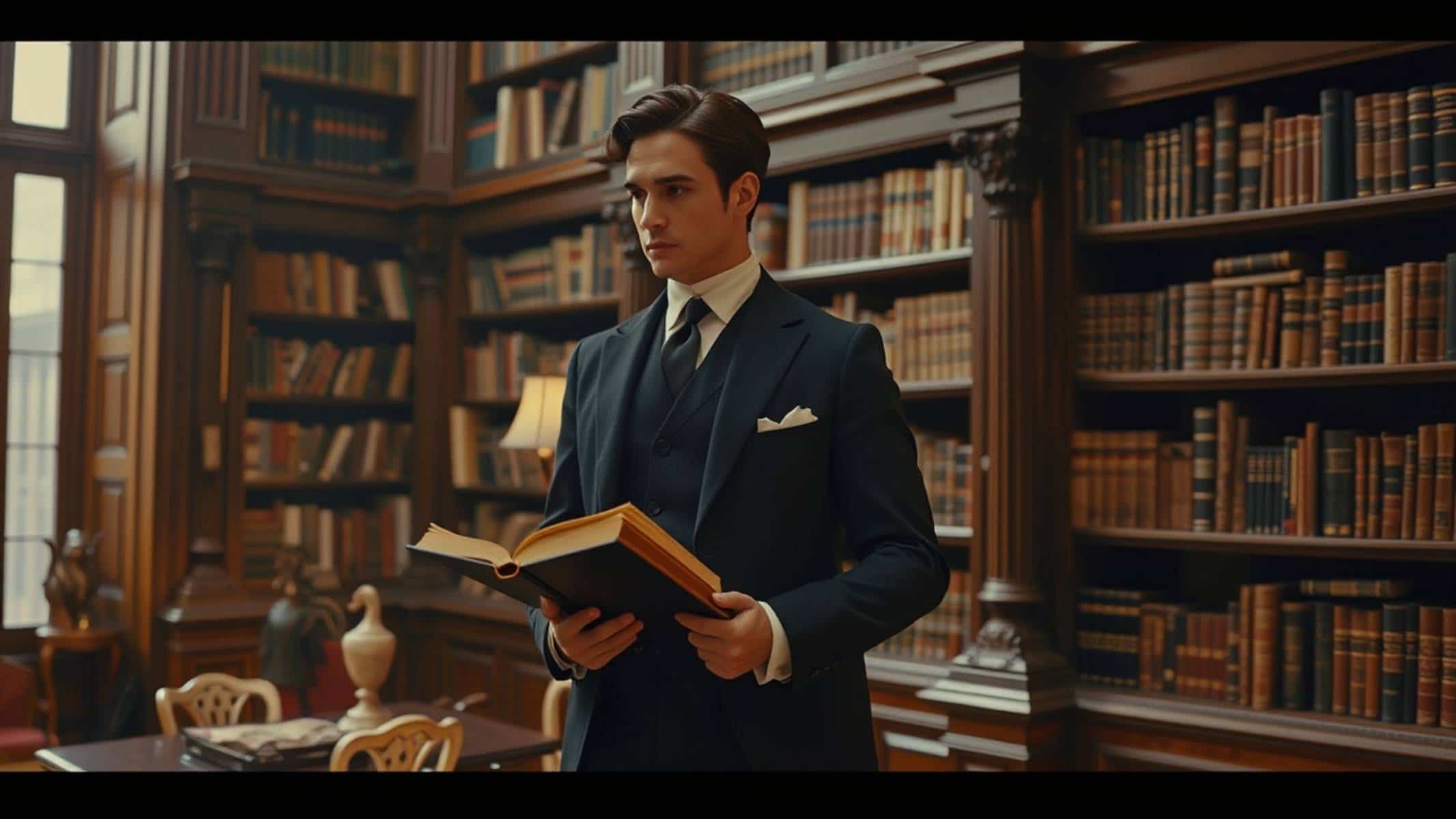 Young woman in dark academia fashion outfit, standing in a vintage library with a plaid blazer, turtleneck, and notebook