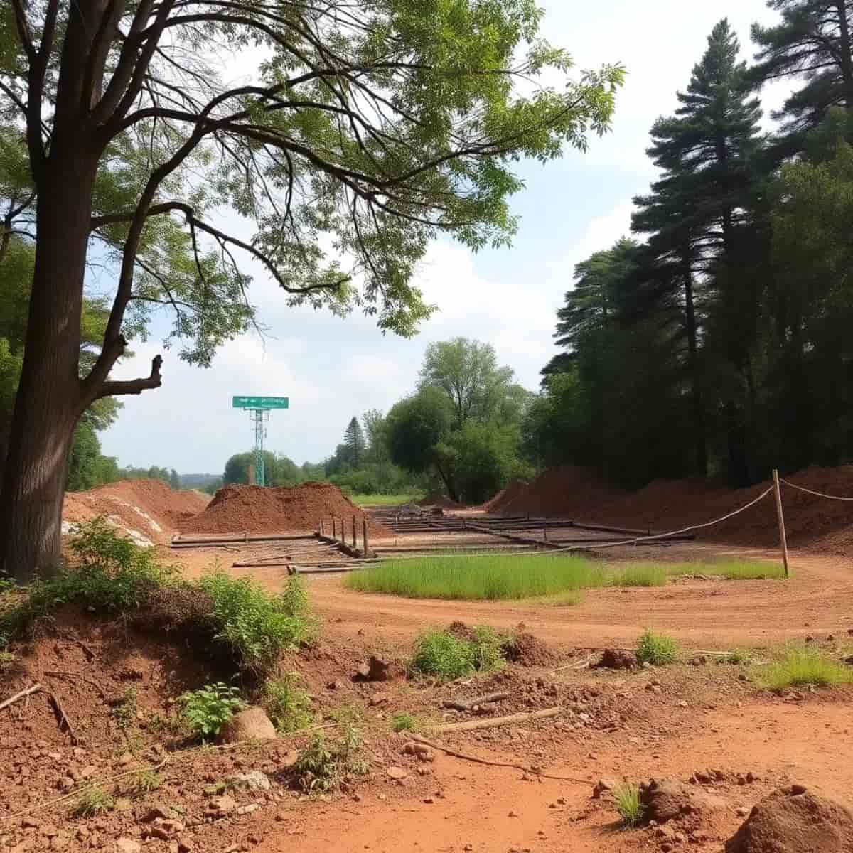 A construction site adjacent to a protected buffer zone, highlighting the tension between development and environmental protection