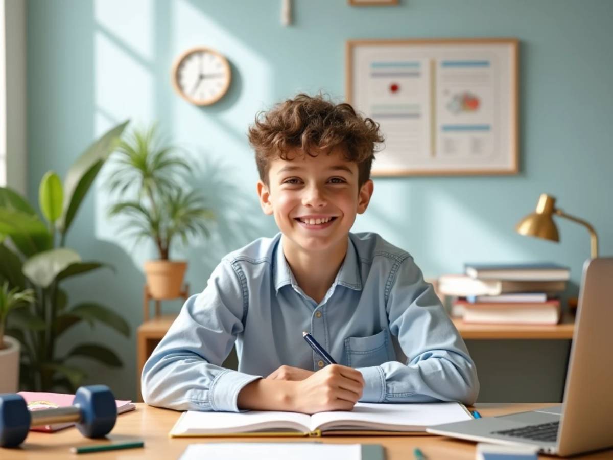 "Focused school boy balancing study, health, and time management for success."