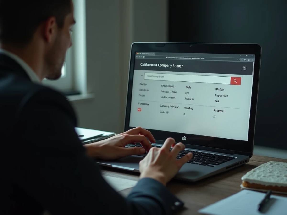 Professional using a laptop to search California company details with business data displayed on screen.