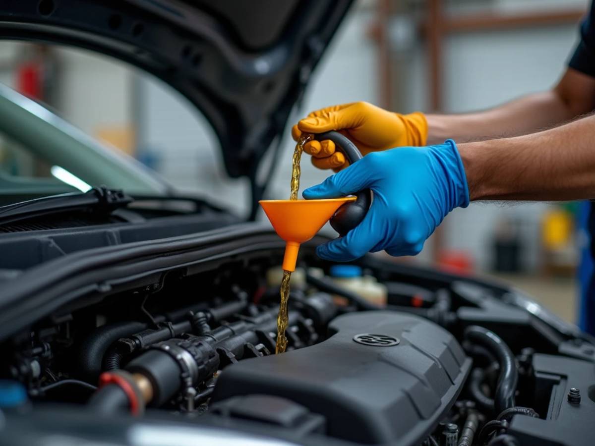 Mechanic checking the power steering fluid level in a car.