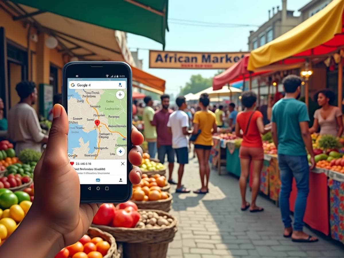 Bustling African market with fresh produce, vibrant stalls, and cultural performances