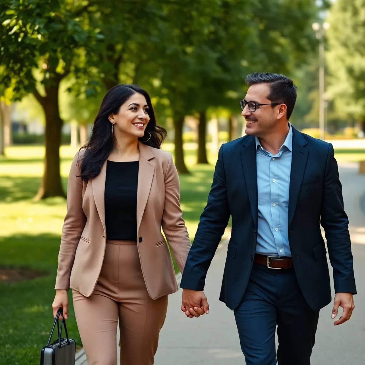 A professional couple enjoying a relaxing stroll in a park, symbolizing the importance of personal time amidst their busy careers