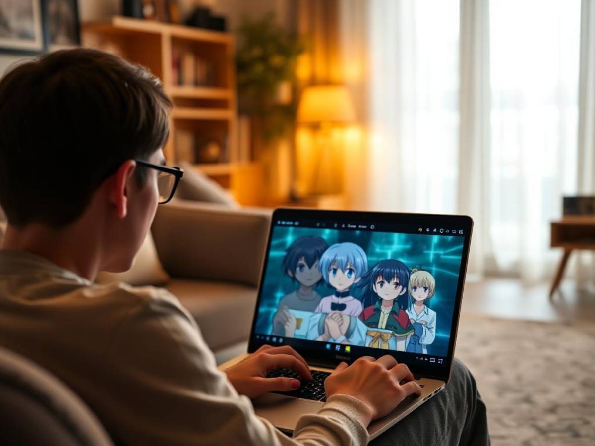 Person watching anime on a laptop in a cozy room.