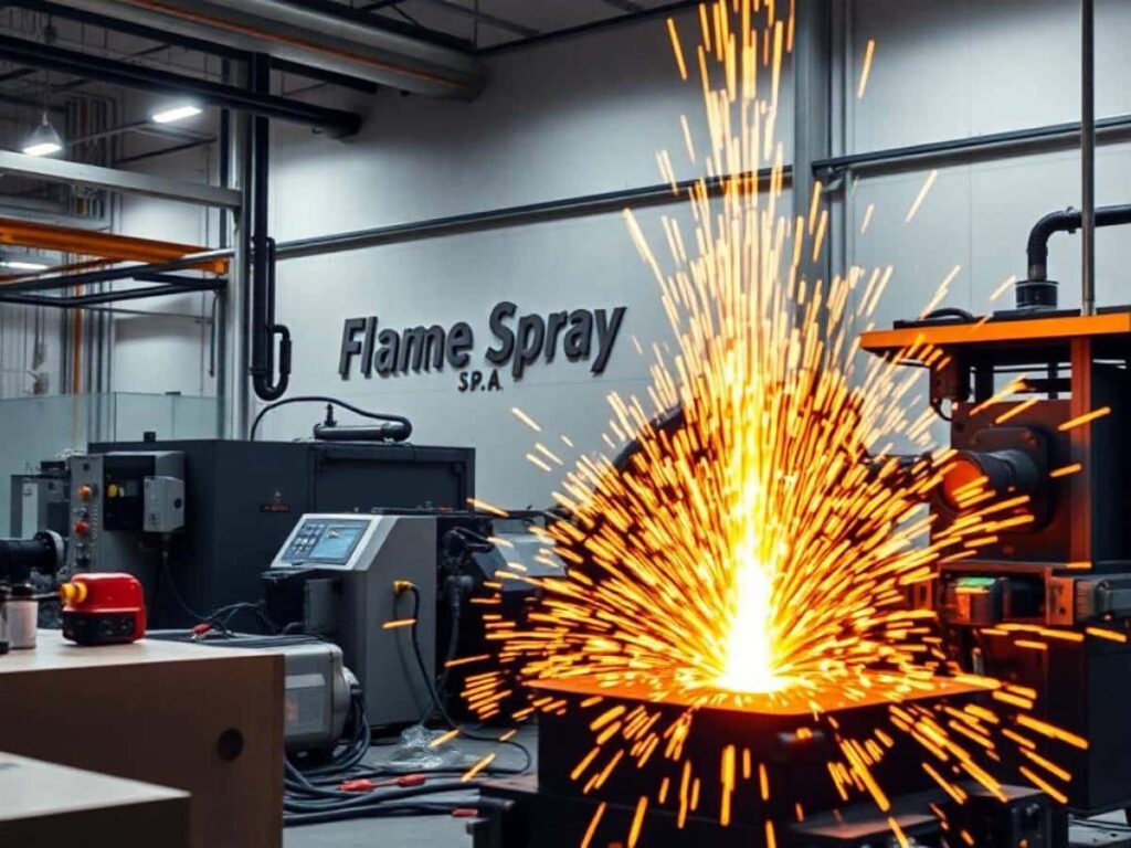 "Industrial facility showcasing advanced thermal spray technology with glowing sparks."