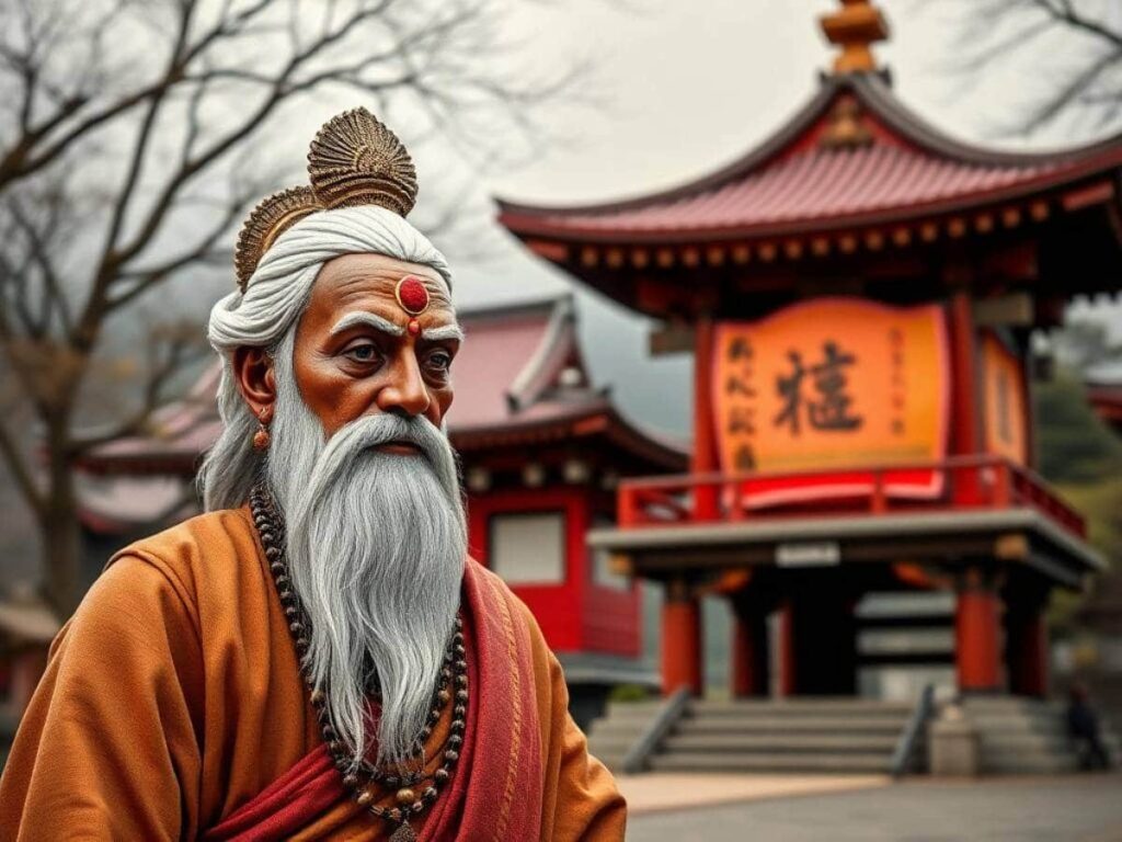 "Sudama with a Japanese shrine, representing cultural exchange between India and Japan."