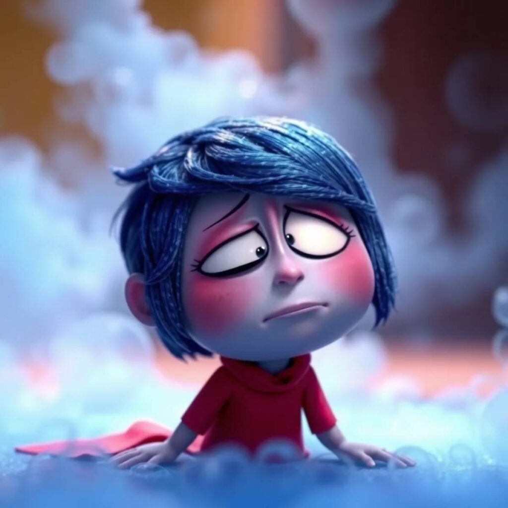 Sadness from Inside Out reflecting on her emotions in a dreamlike landscape.