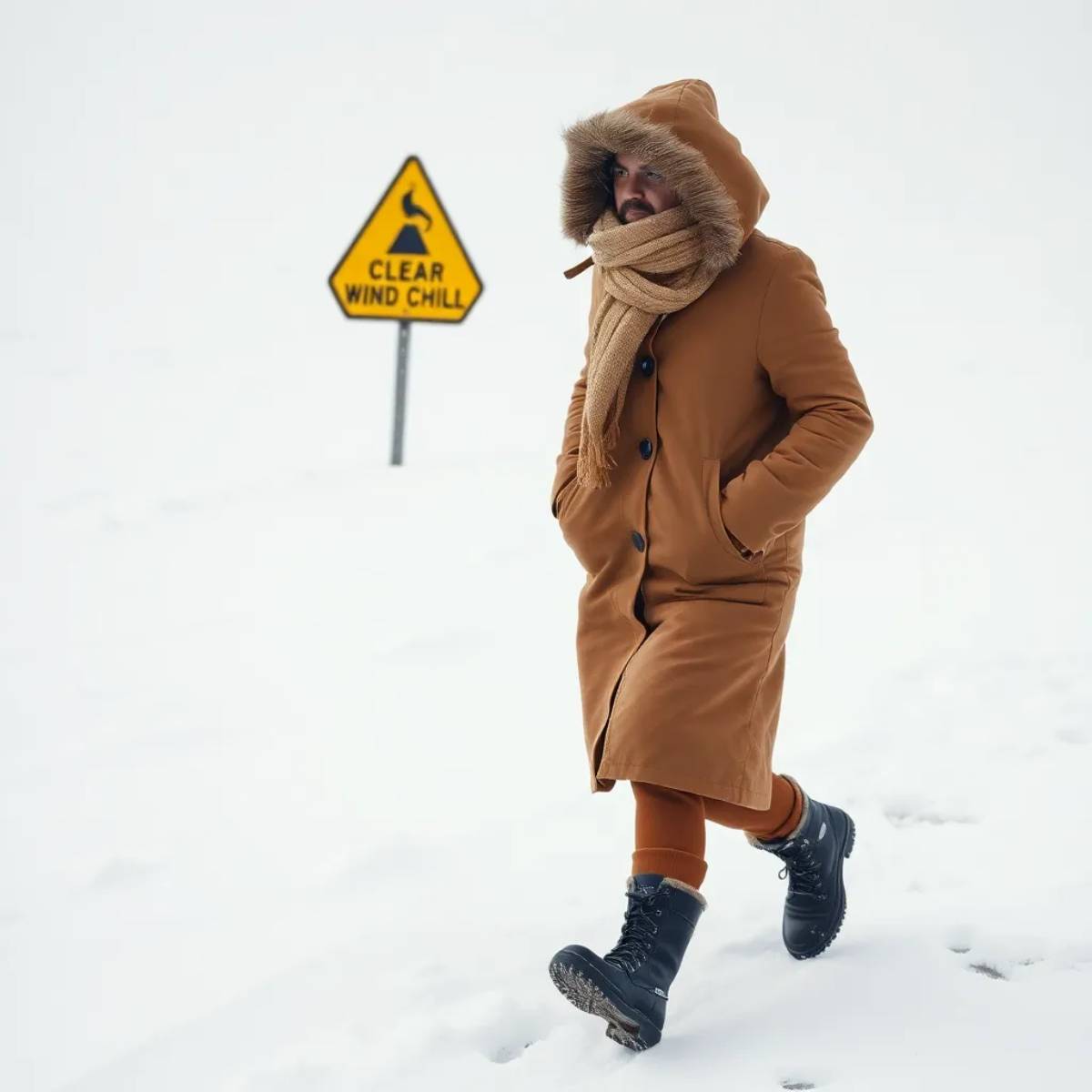 Person walking in a snowy landscape with a wind chill warning sign.