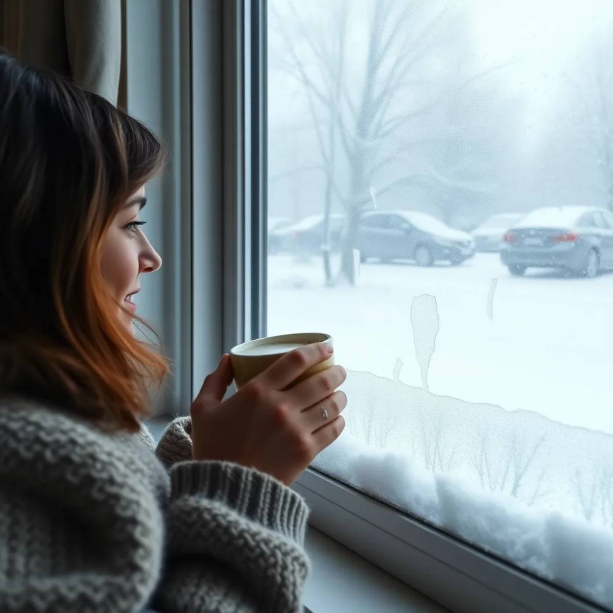 Person staying warm indoors while watching the snowstorm through frosted windows during a wind chill warning.