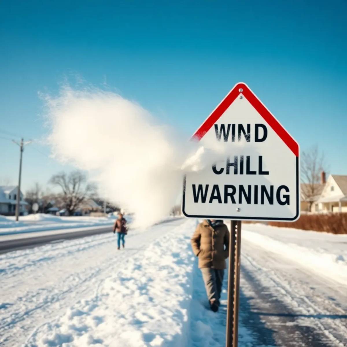 Person walking in a snowstorm during a wind chill warning with a visible warning sign.