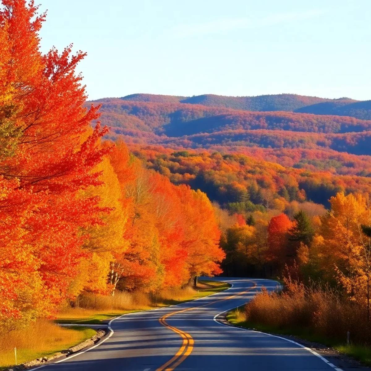 Scenic view of New England autumn foliage with vibrant trees and a winding road.