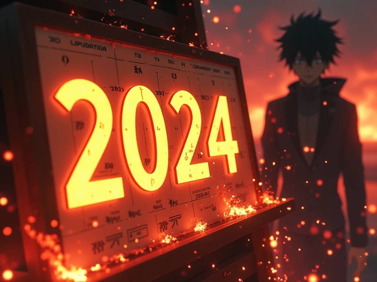 Calendar with 2024 highlighted, surrounded by fire-themed effects.