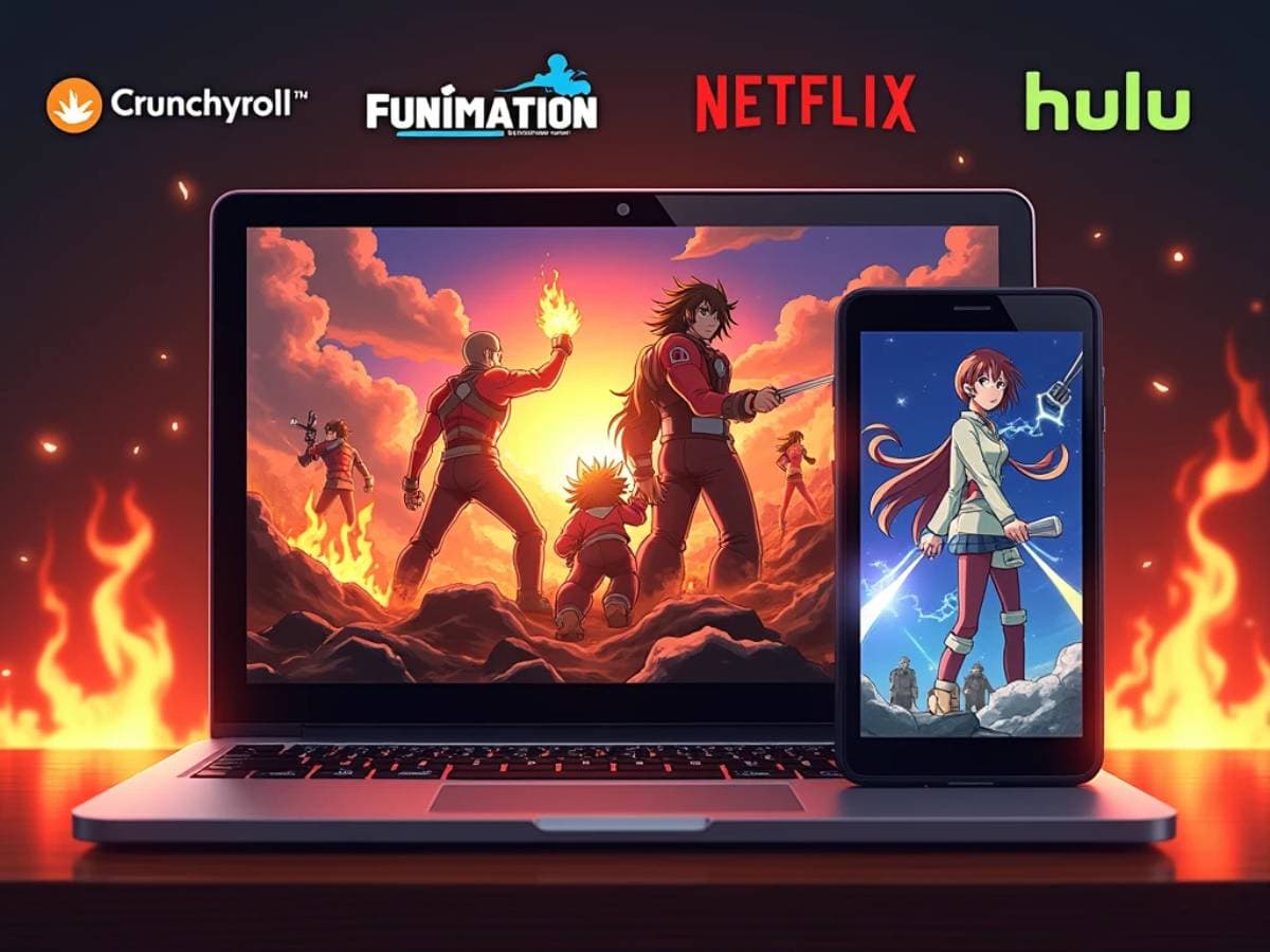 Devices streaming Fire Force with platform logos and fiery background.