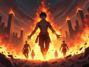 Shinra Kusakabe leading the Fire Force team in a fiery battle