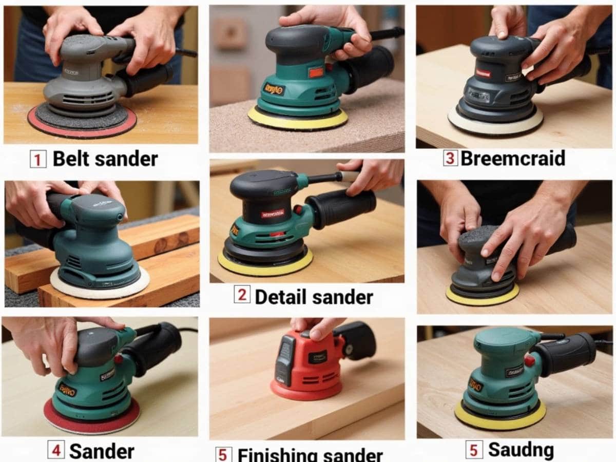 Different types of sanders (belt, orbital, detail, random orbital, and finishing) smoothing wood surfaces for woodworking projects.