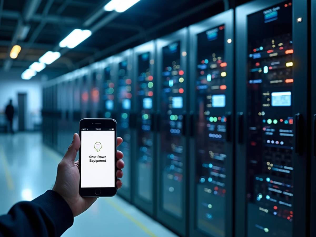 Smart power management system with a UPS device, servers, and a remote shutdown app.