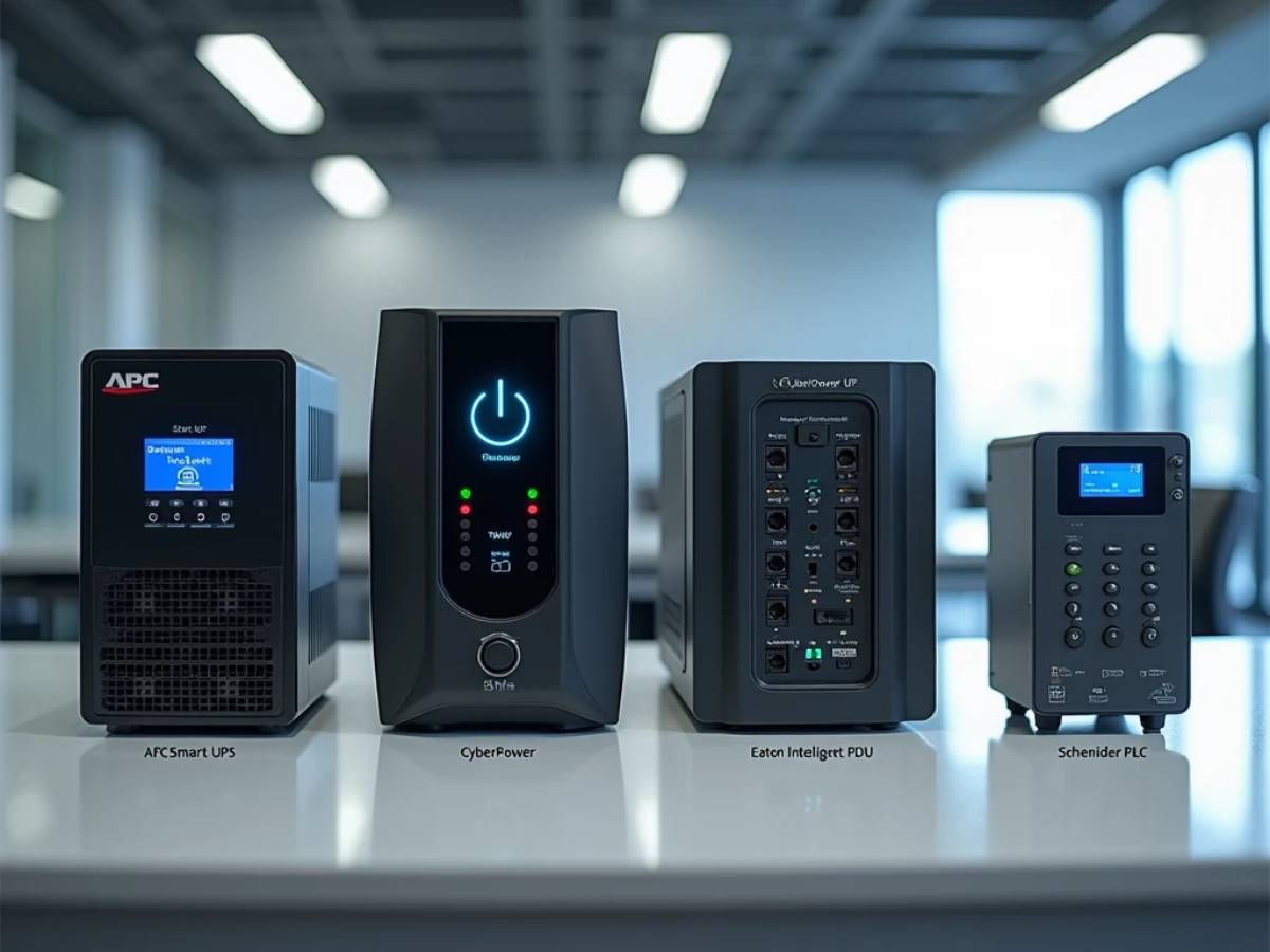 Top power management devices for finance companies, including APC Smart-UPS, CyberPower UPS, Eaton Intelligent PDU, and Schneider PLC, displayed with labels.