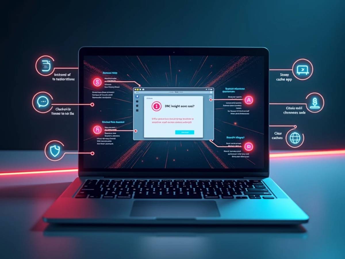 "Modern troubleshooting guide for fixing DRC Insight app on Chromebook with step-by-step instructions and a sleek, futuristic design."