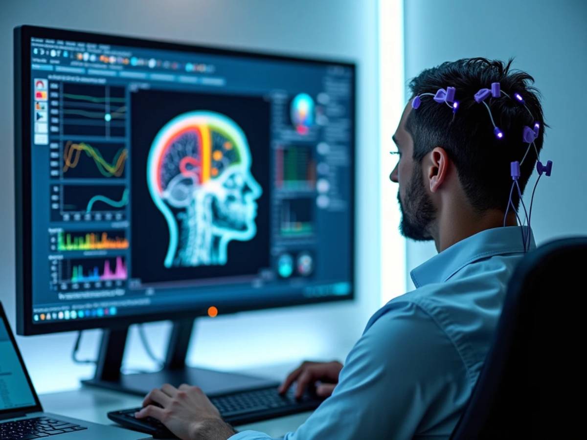 "EEG machine recording brain wave activity with colorful graphs on a screen." 