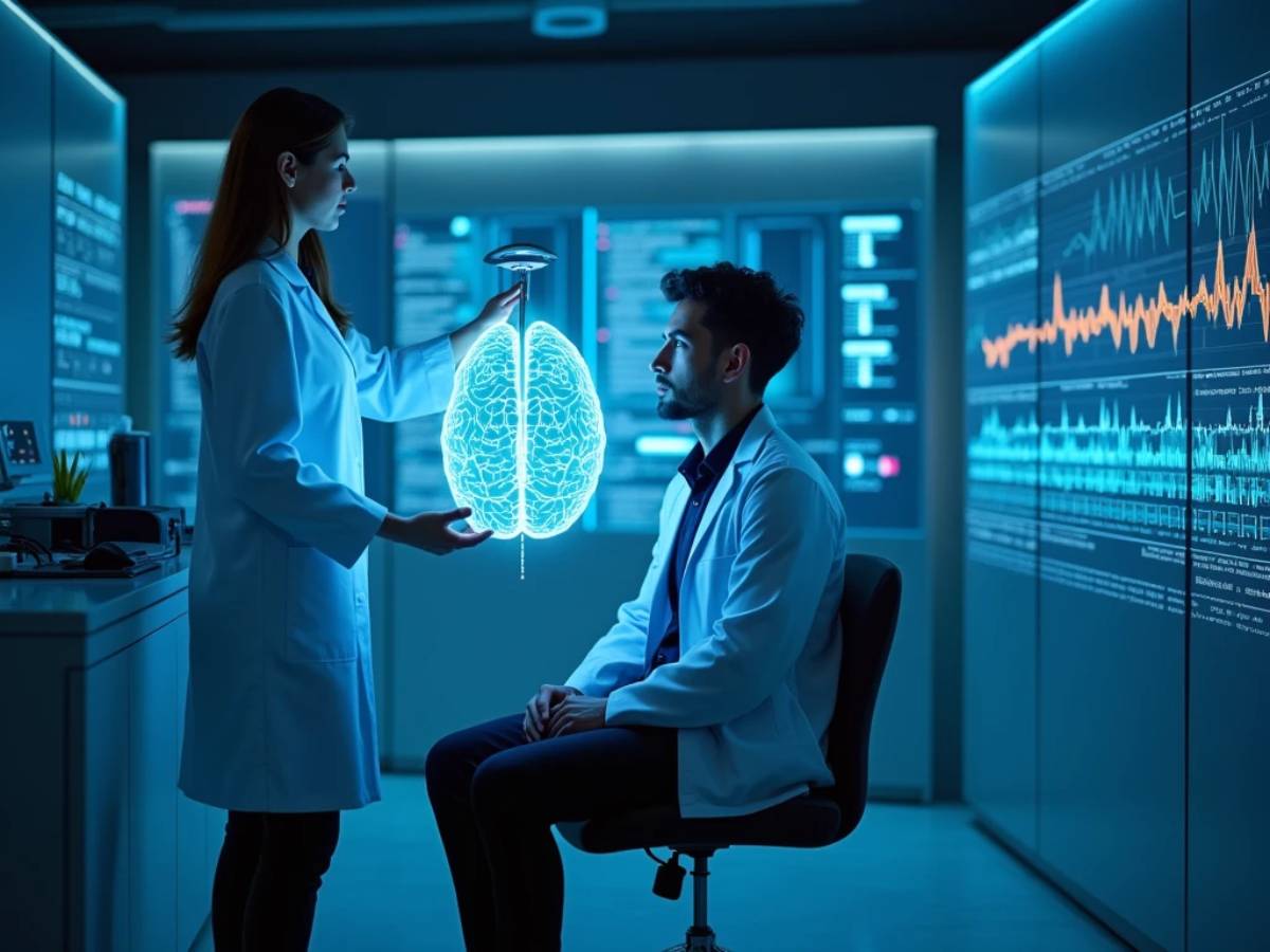 A scientist using a machine to record brain wave activity with digital brainwave data displayed.