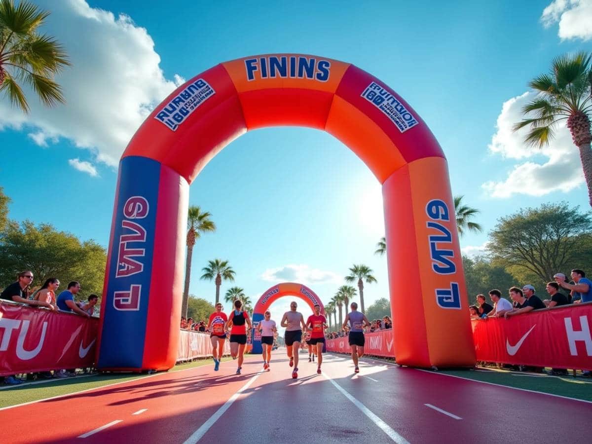 "Colorful inflatable finish line arch with sponsor logos at a marathon event."