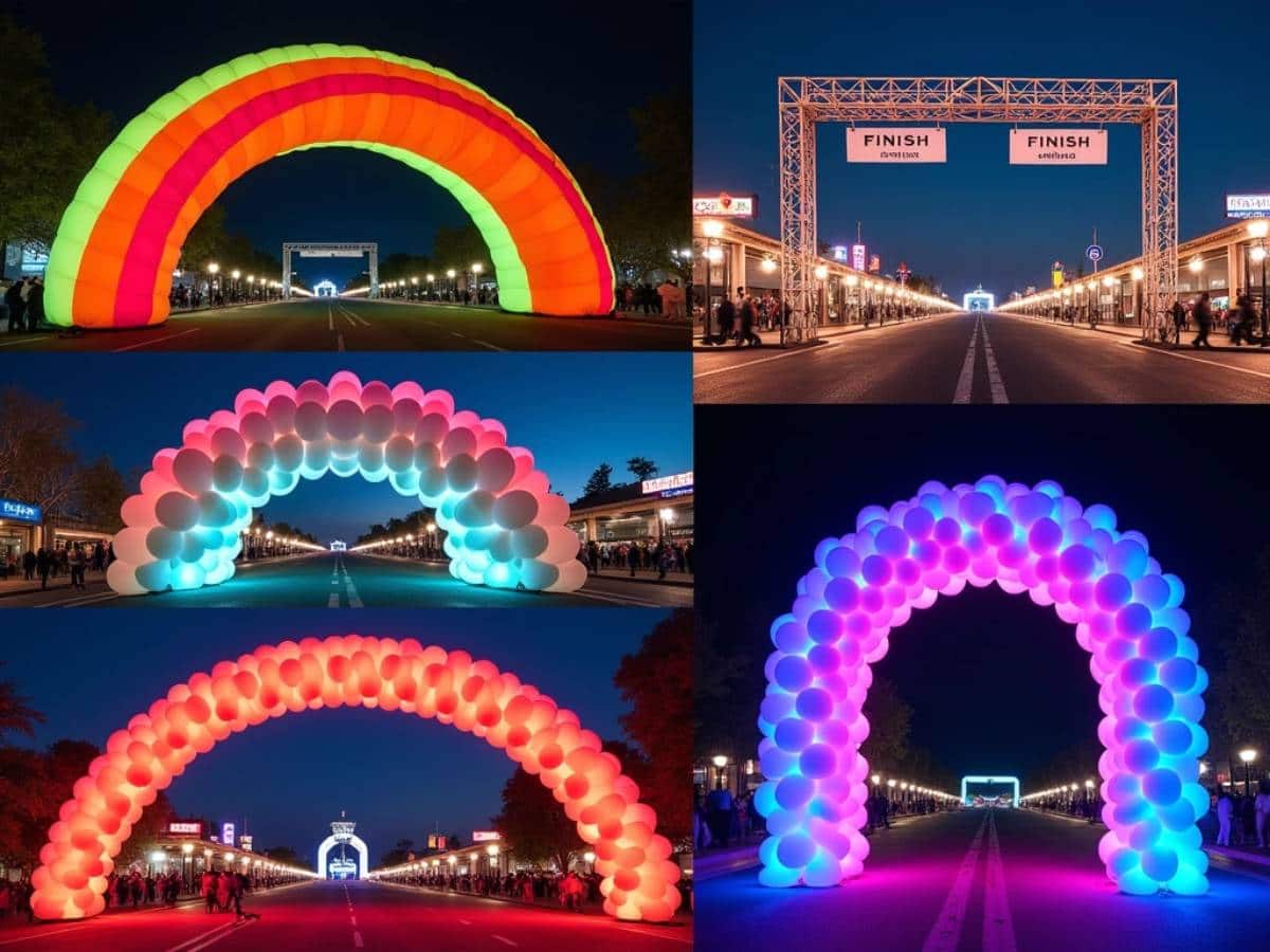 "Collage of 5 unique finish line arch designs: inflatable, truss, balloon, custom-shaped, and LED light-up arches."