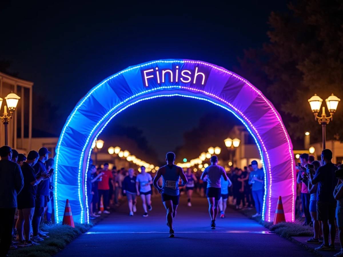 "LED light-up finish line arch at a night race, glowing with blue, purple, and pink lights."