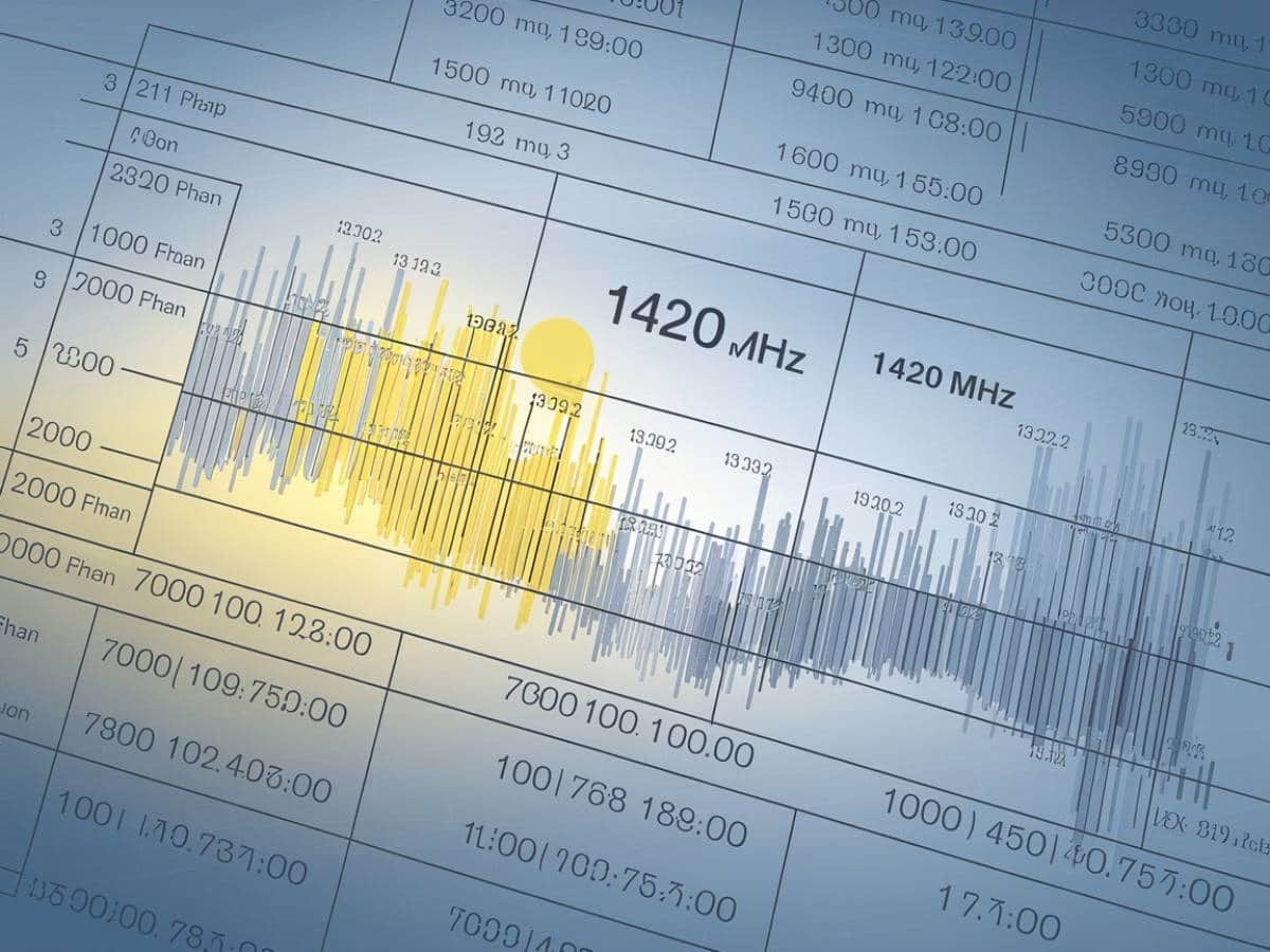 "Diagram of the frequency spectrum highlighting 1420 MHz."