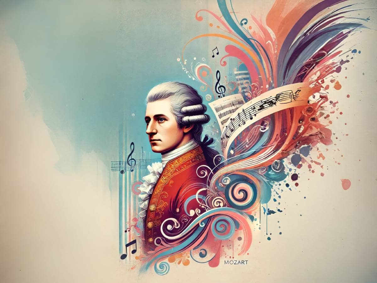 Illustration depicting the brain with musical notes, symbolizing the impact of Mozart's music on cognitive function.